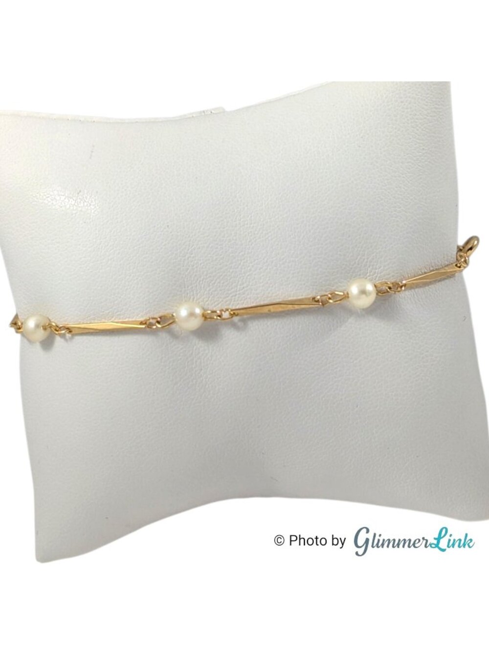 Vintage Gold Tone Faux Pearl Link Bracelet Twisted Bar Links 7 1/2 Inch